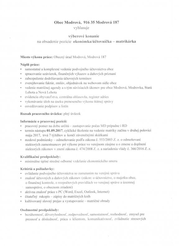 Výbrové konanie na obsadenie pozície ekonómka-účtovníčka-matrik0001