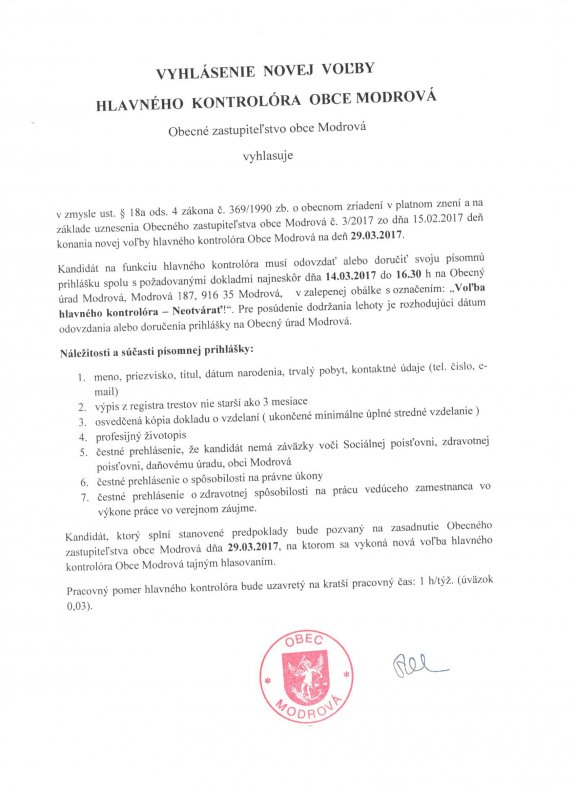 Vyhlásenie novej voľby hlavného kontrolóra obce Modrová